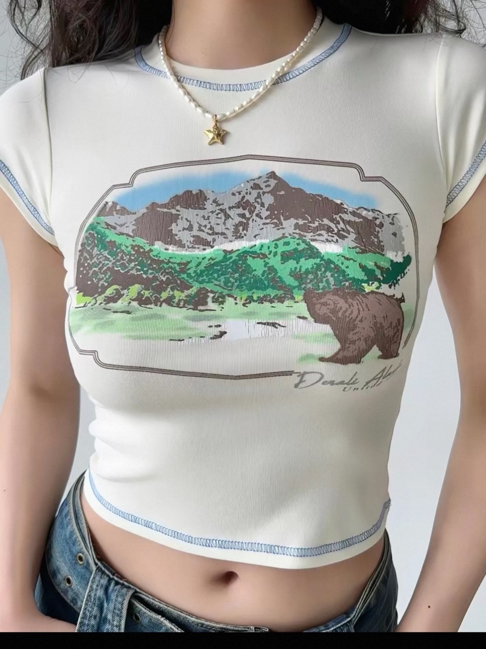 Cream Scenic Bear Graphic Crop Top with Blue Trim